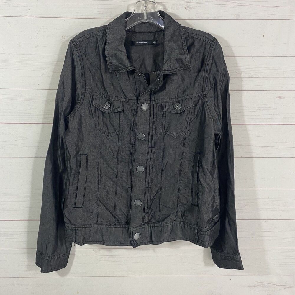 Tahari Womens Tencel Lightweight Trucker Jacket Sz Small Shiny Black Snap Front